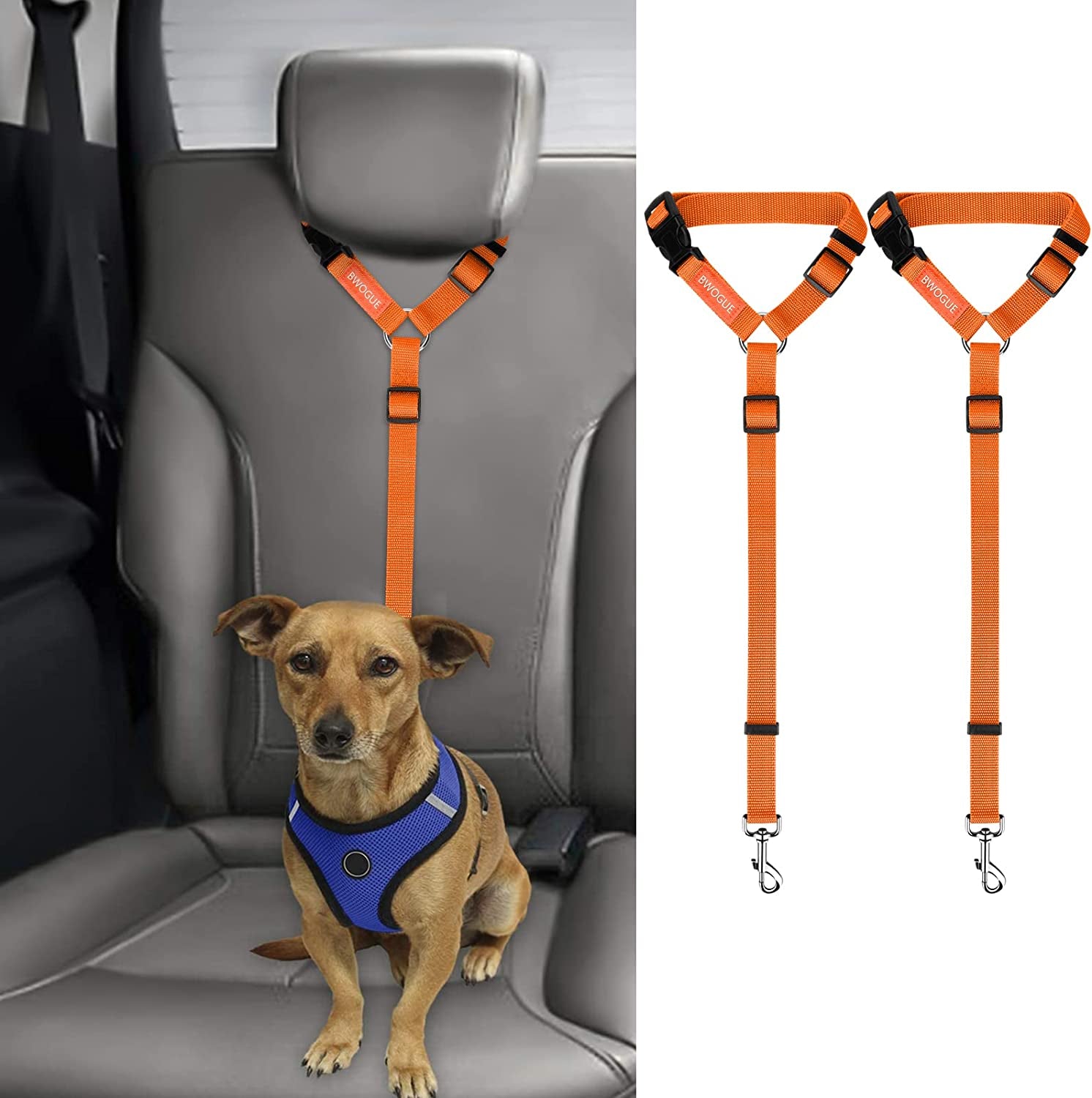 BWOGUE 2 Packs Dog Cat Safety Seat Belt Strap Car Headrest Restraint Adjustable Nylon Fabric Dog Restraints Vehicle Seatbelts Harness Orange