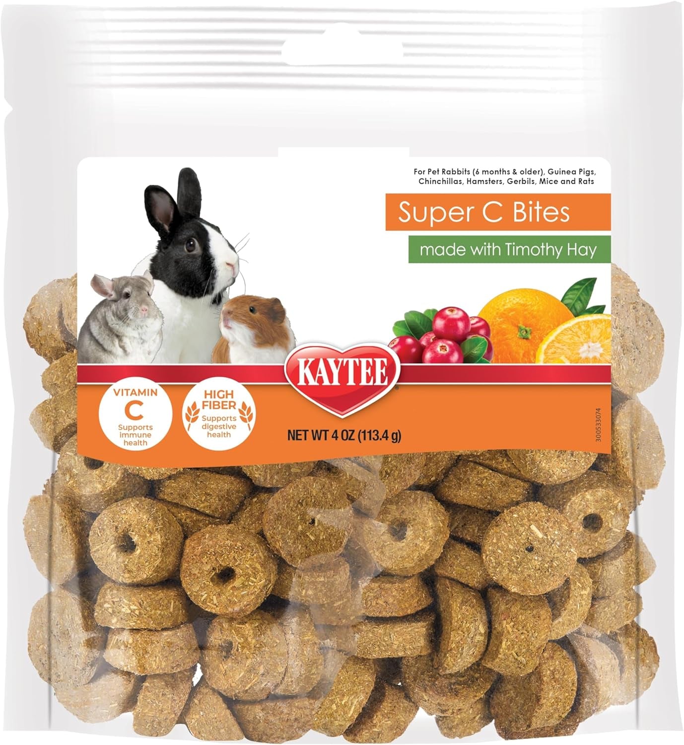 Kaytee Super C Bites Treat For Pet Guinea Pigs, Adult Rabbits, Chinchillas, and Other Small Animals, Cranberry and Orange, 4 oz