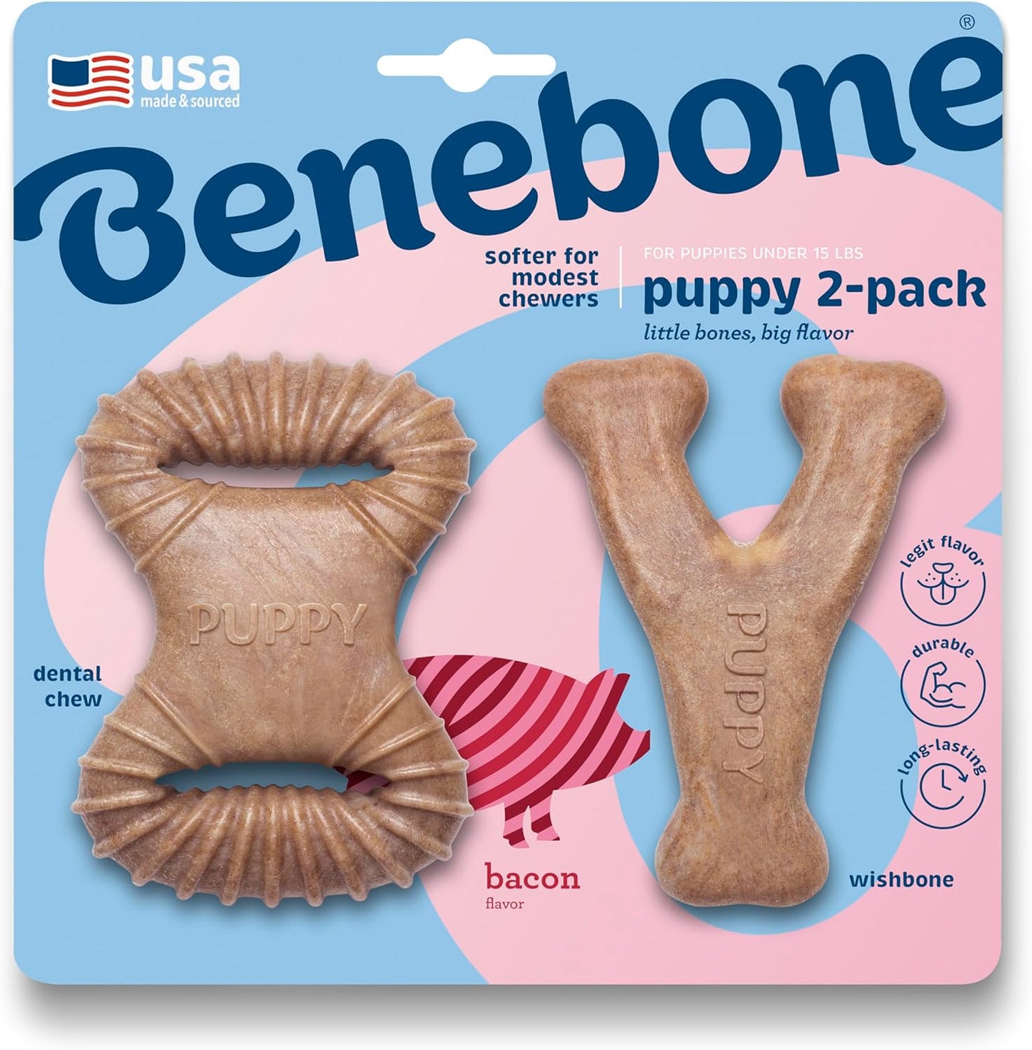 Benebone Puppy 2-Pack Dental Chew/Wishbone Dog Chew Toys, Made in USA, Real Bacon Flavor