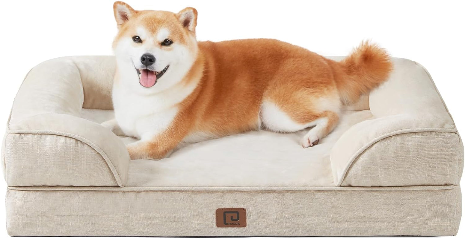 EHEYCIGA Orthopedic Dog Beds for Large Dogs, Waterproof Memory Foam Large Dog Bed with Sides, Non-Slip Bottom and Egg-Crate Foam Large Dog Couch Bed with Washable Removable Cover, Beige