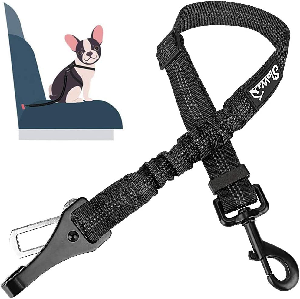 Slowton Dog Seat Belt, Adjustable Dog Safety Belt Leash, 2 in 1 Latch Bar Attachment Dog Car Seatbelt with Elastic Nylon Bungee Buffer, Reflective Nylon Belt Tether Connect to Dog Harness(Pink,35.5In)