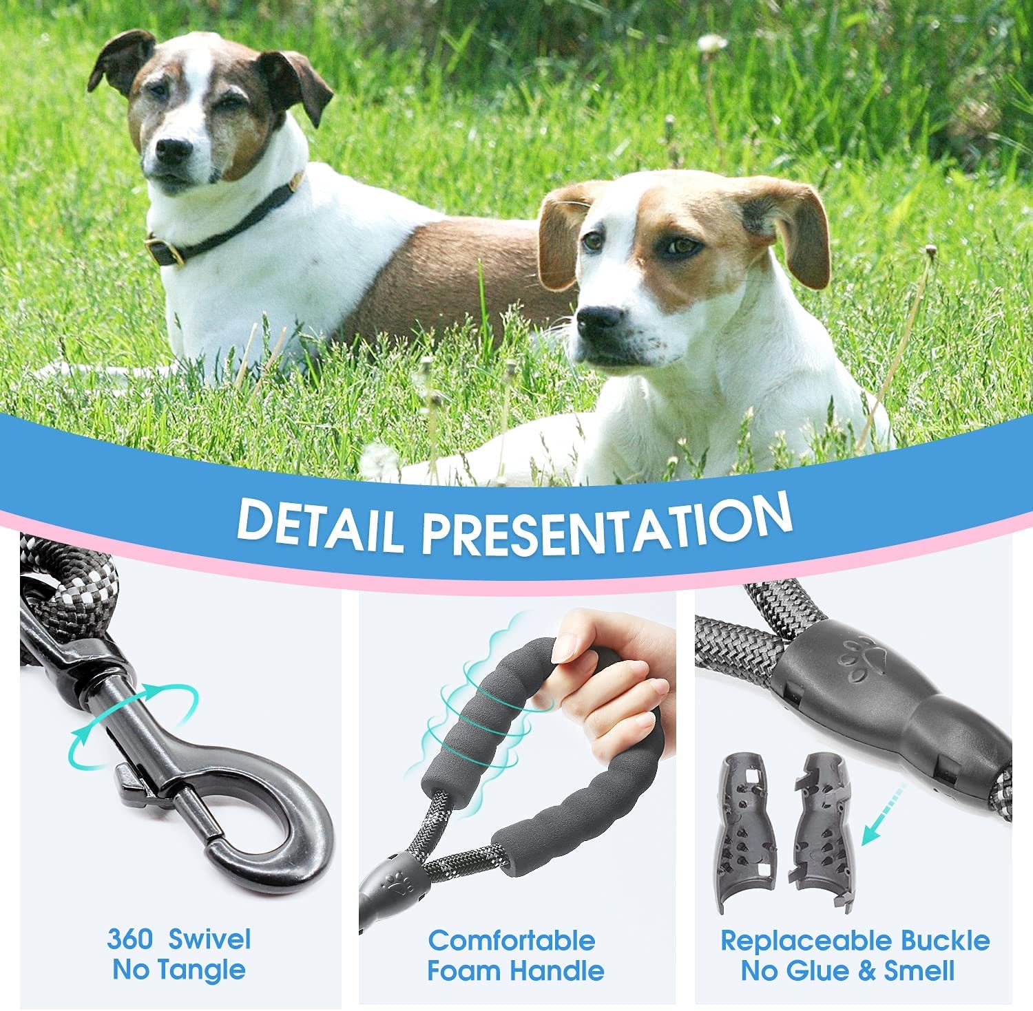 BAAPET 2/4/5/6 FT Dog Leash with Comfortable Padded Handle and Highly Reflective Threads for Small Medium and Large Dogs (5FT-1/2'', Silver)