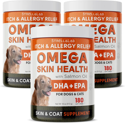 Strellalab Omega 3 for Dogs - (540Ct) Fish Oil Treats - Allergy & Itch Relief Skin&Coat Supplement - Dry Itchy Skin, Shedding, Hot Spots Treatment, anti Itch - Pet Salmon Oil Chews - Chicken Flavor