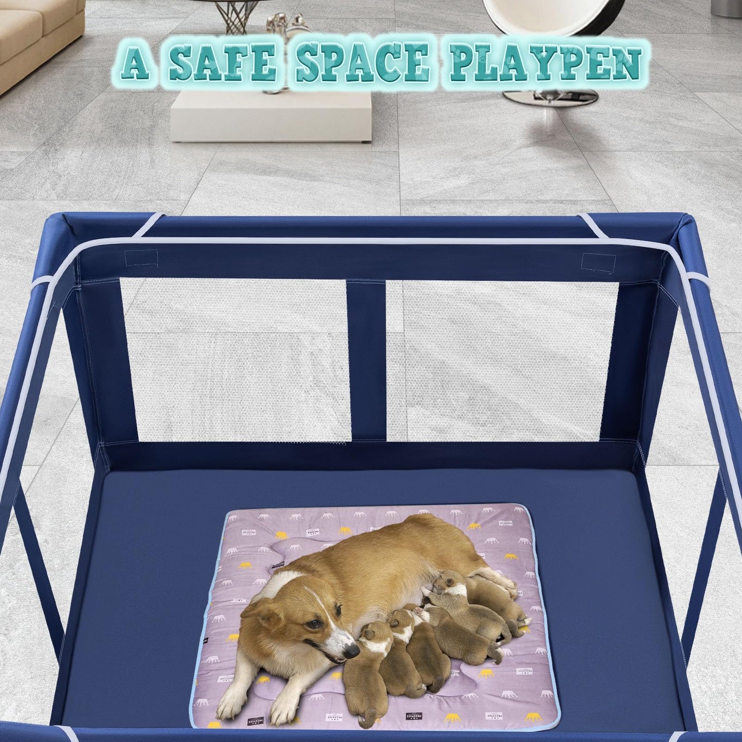 XVISHX 42x42 Inches Puppy Playpen with Gate, Dog Playpen for Puppies or Small Dogs, DogFence Pet Playpen for Indoor & Outdoor, Sturdy Safety DogPen with Thickened Fabric, High-Strength Nylon Wire Mesh