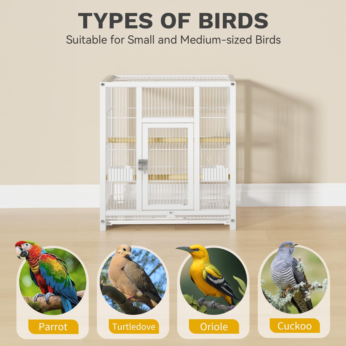 DWVO 41-inch Metal Bird Cage: Large Parrot Cages with Rolling Stand - Features Tray, Food Boxes & Wooden Perches for Parakeets, Lovebirds, Cockatiels, Finches and Pigeons, White