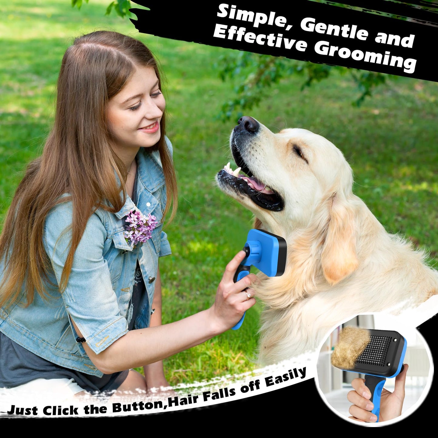 3PCS Self Cleaning Slicker Brush & Pet Grooming Rake & Flea Comb for Dogs, Cats and Horses | Double-Sided Dematting Comb & Skin Friendly Deshedding Grooming Tool | Premium Pet Supplies (Blue)