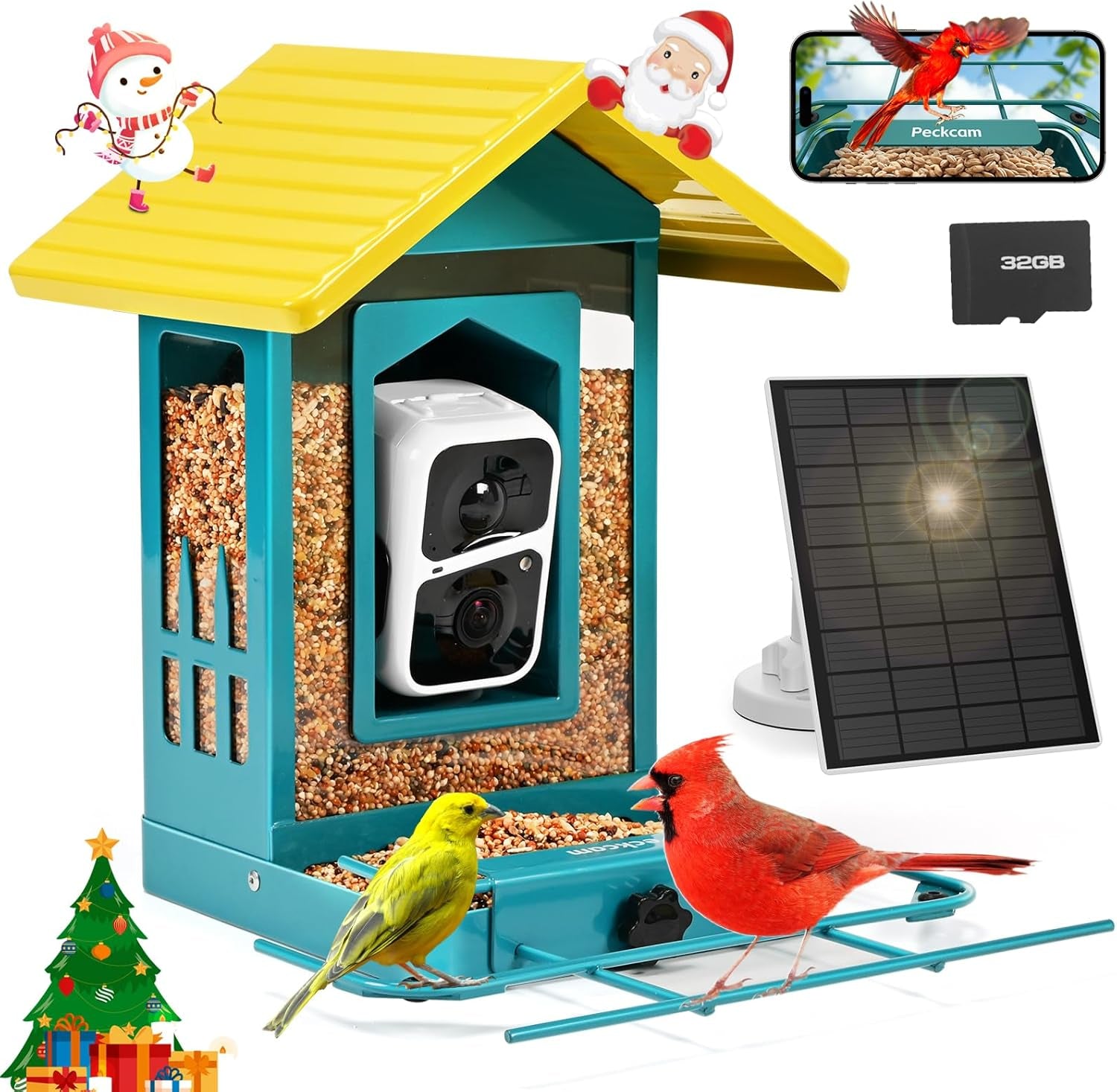 PeckCam® Metal Bird Feeder with Camera+Solar Panel 32G Card 2K HD AI Identify Real-Time Notification Share with Others, Bird Feeder Camera Wireless Outdoor, Ideal Xmas Gift for Bird Lover