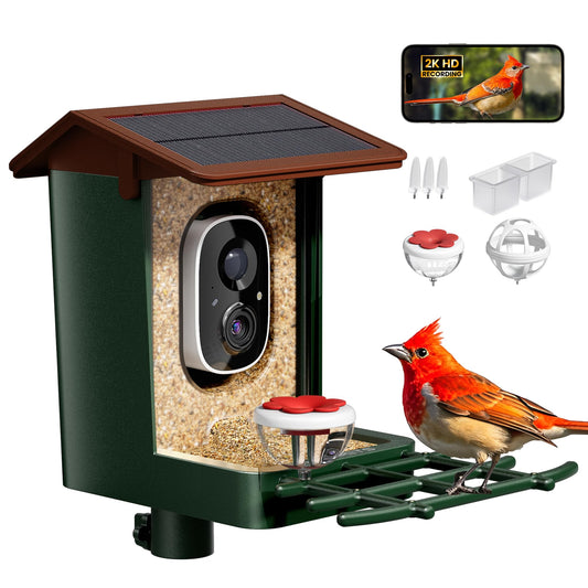 Smart Bird Feeder with Camera Solar Powered 2K HD Video, 10,000+ Species AI Recognition, Real-Time App Alerts, and Weatherproof Design for Effortless Birdwatching, Gift for Bird Lovers, Green Brown