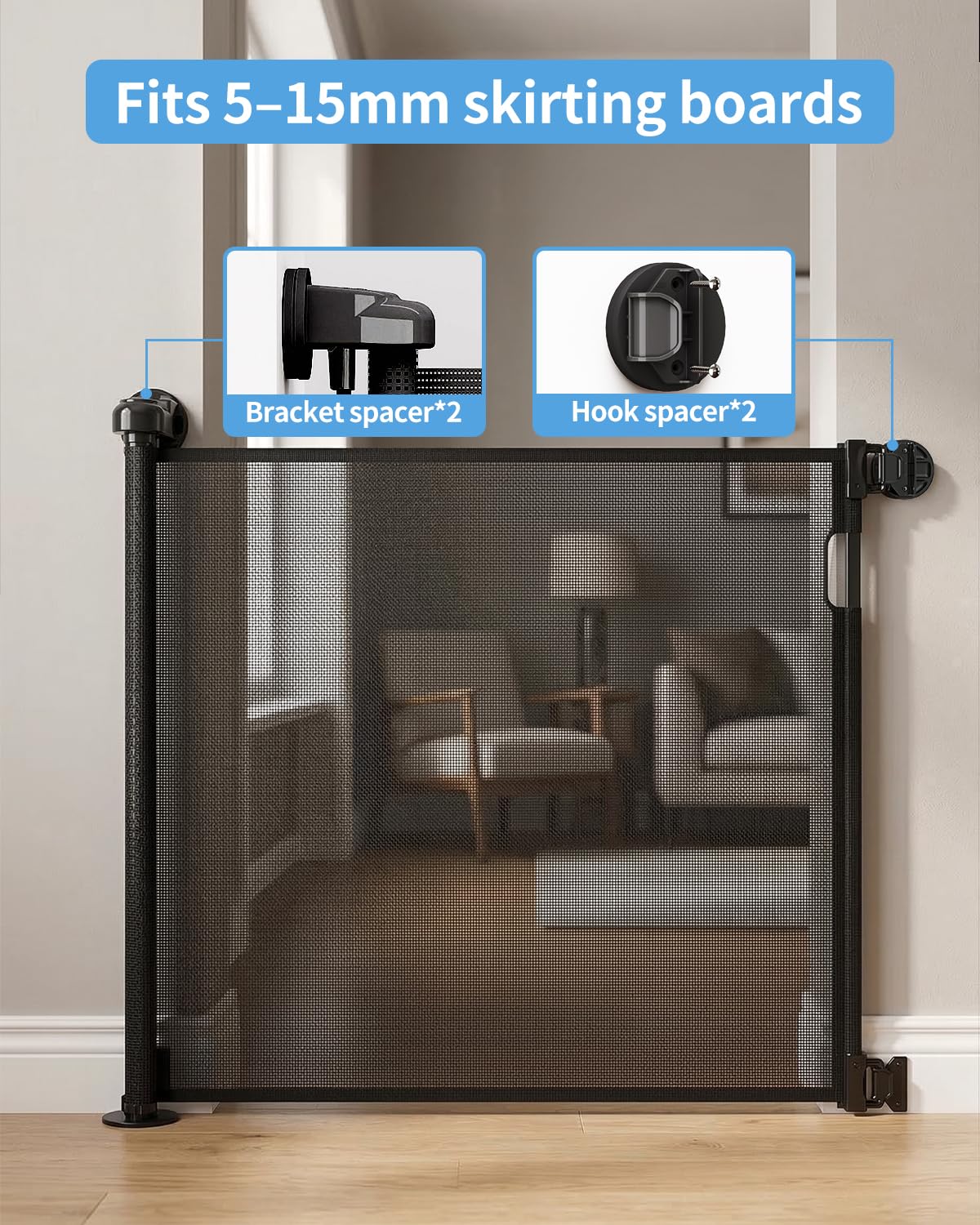 Veraste Retractable Baby Gate for Doorways and Stairs, Mesh Safety Gate for Pet, Indoor & Outdoor Use, One-Hand Operation, Easy Installation, 33.6" Tall, Expands to 55" Wide（Black,33.6"x55"