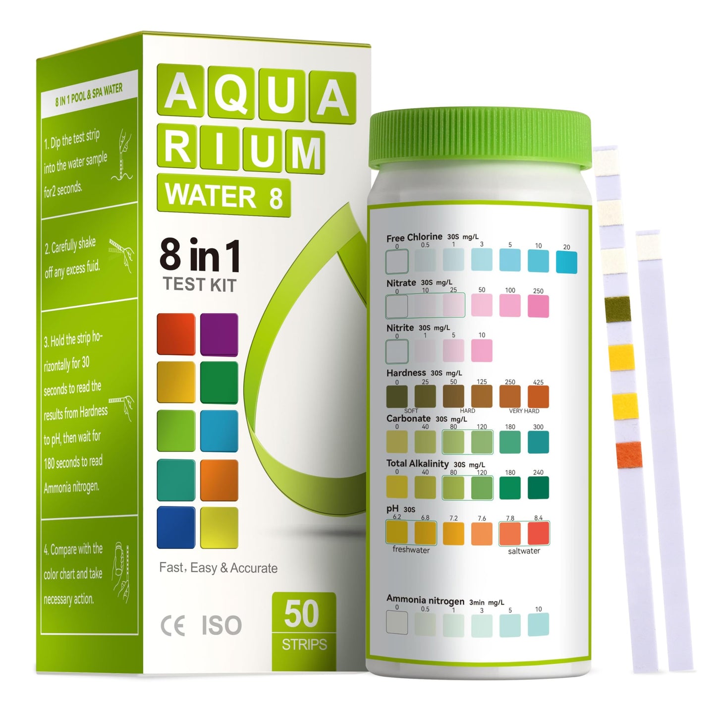 AAwipes 8-in-1 Aquarium Test Kit for Fish Tanks - Quick & Accurate Water Testing Strips for Aquariums & Ponds. Tests pH, Ammonia, Alkalinity, Hardness, Chlorine, etc. (K02-50)
