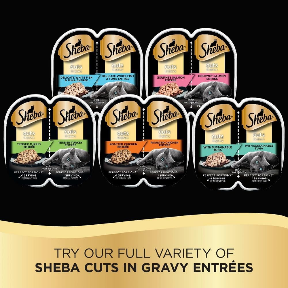 SHEBA PERFECT PORTIONS Cuts in Gravy Adult Wet Cat Food Trays (24 Count, 48 Servings), Gourmet Salmon, Sustainable Tuna, and Delicate Whitefish & Tuna Entrée, Easy Peel Twin-Pack