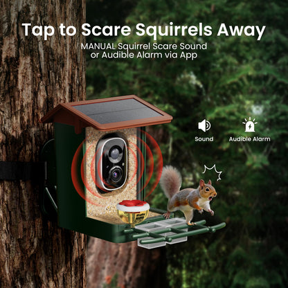 Smart Bird Feeder with Camera Solar Powered 2K HD Video, 10,000+ Species AI Recognition, Real-Time App Alerts, and Weatherproof Design for Effortless Birdwatching, Gift for Bird Lovers, Green Brown