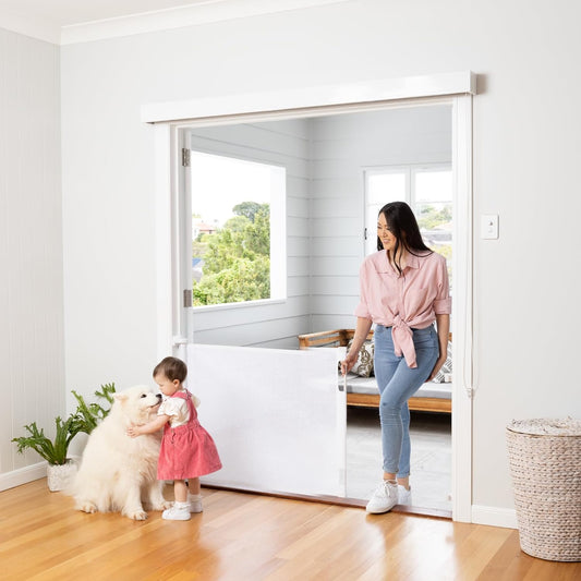 Retractable Baby Gate Perma Child Safety 33" Tall X 71” Wide, Mesh, for Stairs, Doorways, Dogs, Pets, Indoor, Outdoor, One-Handed Operation, Locking, Easy Install, Hardware Mount, White