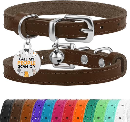 BRONZEDOG Leather Cat Collar with Bell Non Breakaway Kitten QR Tag for Girl Boy (7" - 9" for Cats, Dark Brown & Silver)