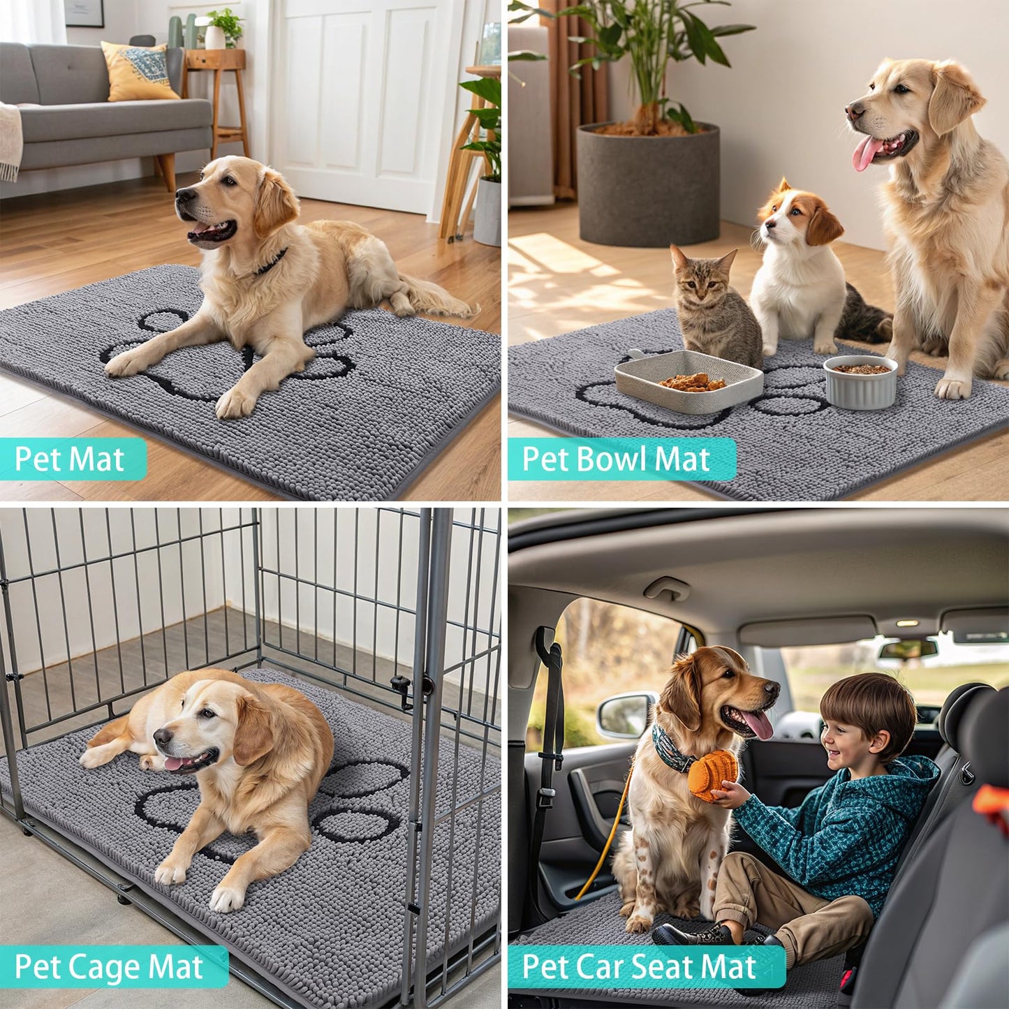 Smiry Dog Door Mat for Muddy Paws, Absorbent Dirt Trapper Non Slip Quick Dry Washable Chenille Mat for Mud Dogs, Entry Rug for Indoor and Outdoor (30x20 Inches, Grey and Black)