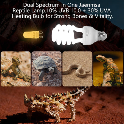 Jaenmsa Dual Reptile Heat Lamp Fixture Max 90W with Separate Switches, 23W 10.0 UVB Light & 2 Pcs 60W Halogen Heat Lamp for Reptiles, Bearded Dragon, Lizard, Turtle, Snake