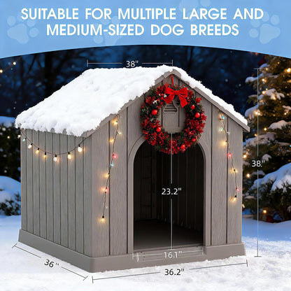 Fancyango Large Dog House Outdoor Indoor for Medium Large Dogs, Sturdy Plastic Waterproof Doghouse with Air Vents and Elevated Floor, Easy Clean and Assemble (Light Grey, 36.2''L×38''W×38''H)