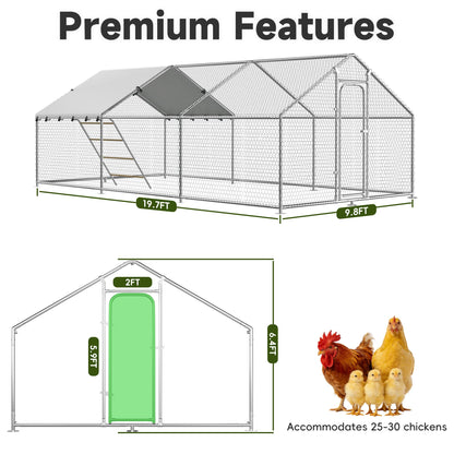 Large Metal Chicken Coop with Run for Yard with Waterproof &Anti-UV Cover,19.7 x 10 x 6.4ft Outdoor Walk-in Poultry Cage Chicken Run Pen with Roosting Perch, Hen Duck Rabbit House