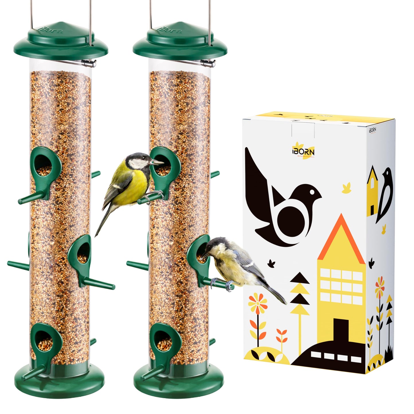 iBorn Metal Bird Feeders 6 Ports Hanging Wild Bird Seed Feeder for Mix Seed Blends, Seed Feeder, Sunflower Heart, Birdbath, Heavy Duty All Metal Green Finishing 15 Inch 6Port, Pack of 2,Gift Box