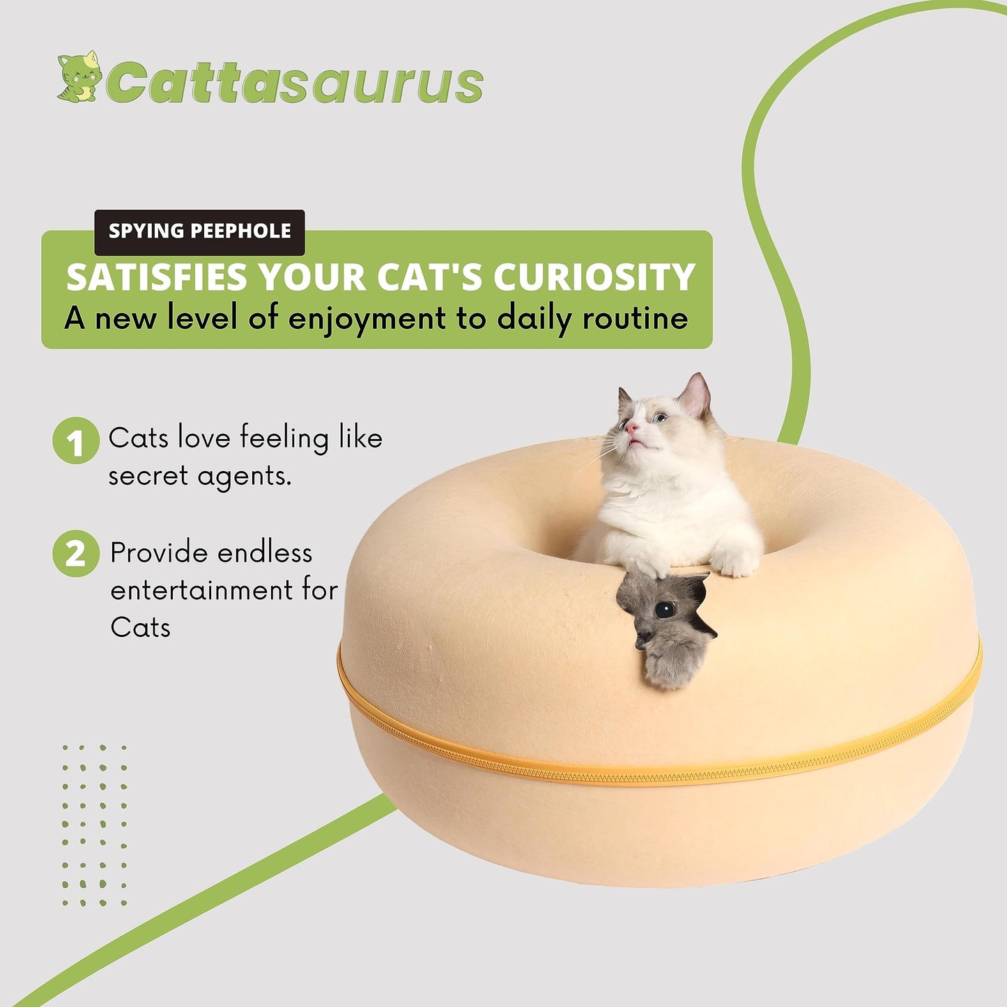 Cattasaurus Peekaboo Cat Cave Donut for Multiple & Large Cats up to 30-45 lbs, 3-in-1 Self Warming Cat Bed, Tunnel & Scratcher for Indoor Cats, Washable & Detachable Dog Bed (Pastel Macaron, Large)