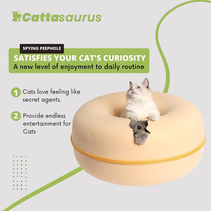Cattasaurus Peekaboo Cat Cave Donut for Multiple & Large Cats up to 30-45 lbs, 3-in-1 Self Warming Cat Bed, Tunnel & Scratcher for Indoor Cats, Washable & Detachable Dog Bed (Pastel Macaron, Large)