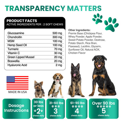 Hemp Hip and Joint Supplement for Dogs - Glucosamine for Dogs - 170 Joint Pain Relief Treats - Chondroitin, MSM, Hemp Oil - Advanced Health Supplement - Mobility Support Chews - Made in USA