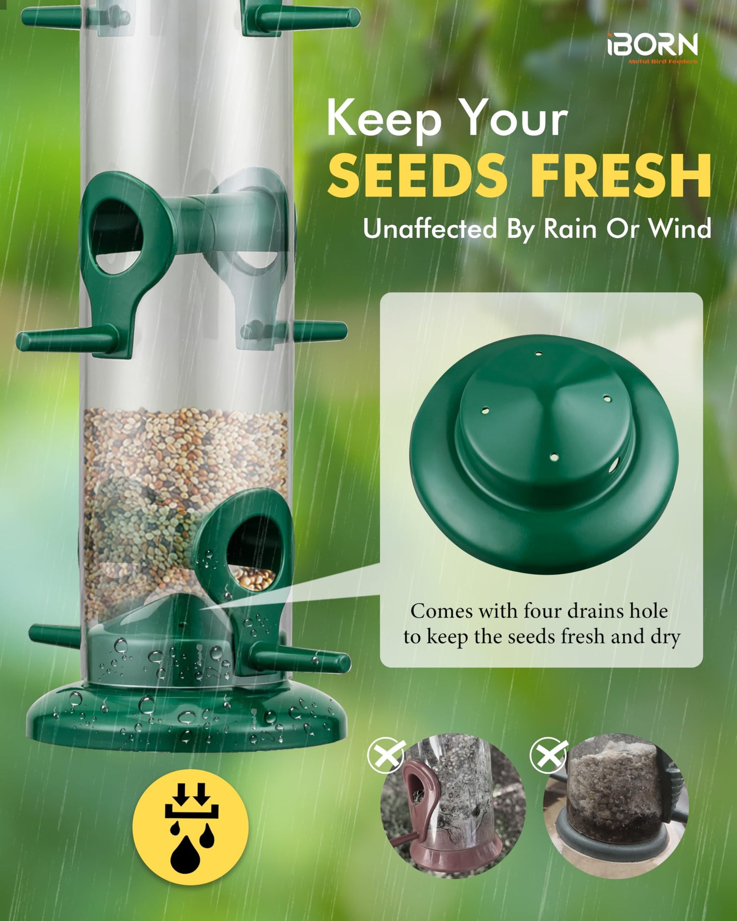 iBorn Metal Bird Feeders 6 Ports Hanging Wild Bird Seed Feeder for Mix Seed Blends, Seed Feeder, Sunflower Heart, Birdbath, Heavy Duty All Metal Green Finishing 15 Inch 6Port, Pack of 2,Gift Box