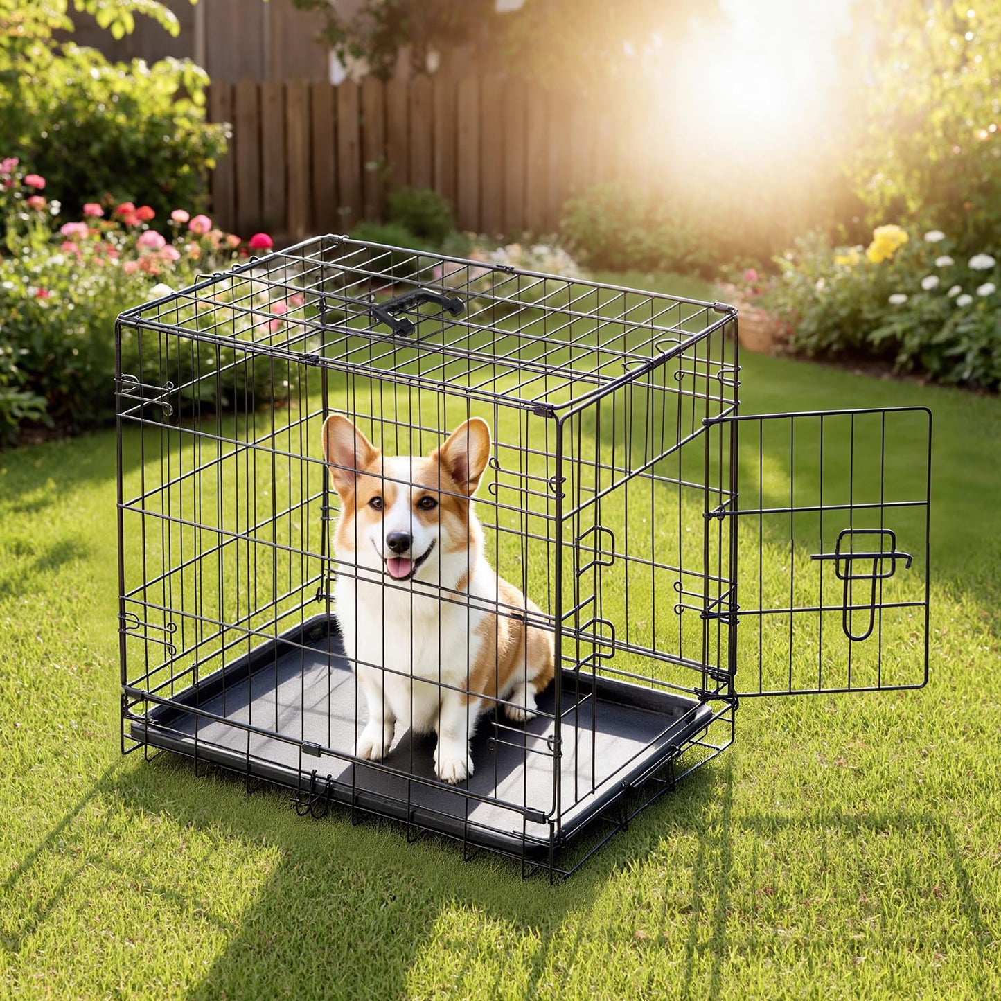 DUMOS Dog Crate, 30 Inch Medium Size Single Door Dog Cage with Plastic Leak-Proof Pan Tray, Folding Small Metal Wire Pet Kennel for Indoor, Outdoor, Travel
