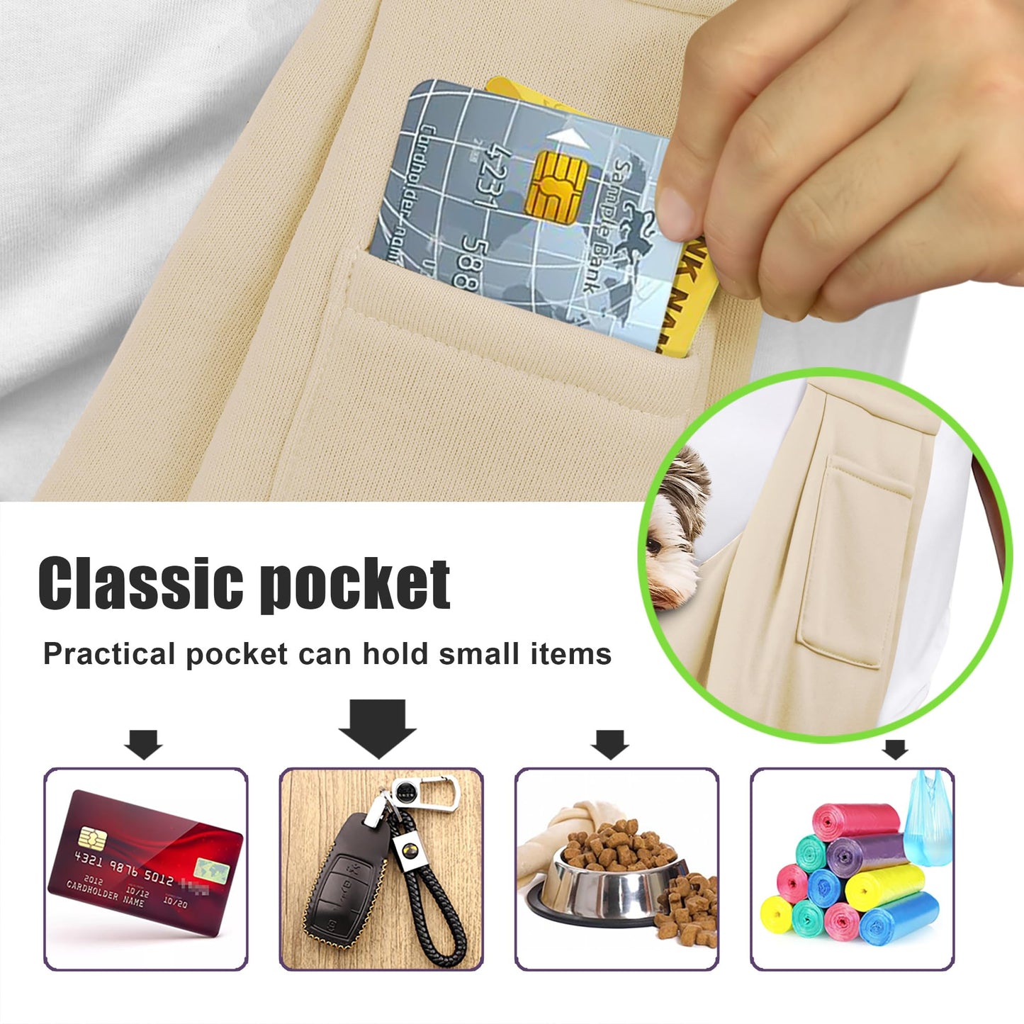 Tomkas Small Dog Sling Carrier - Classic Pocket & Classic Strap - for 3-10 lbs Pets(Cream)