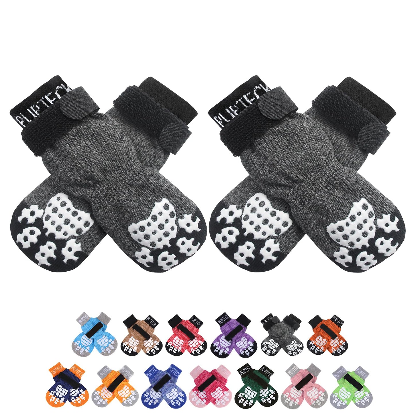 PUPTECK Anti-Slip Dog Socks with Double Sides Grips for Small Medium Large Dogs Hardwood Floors Prevents Licking, Dog Shoes for Hot Pavement Traction Control Paw Protector for Senior Dogs, Grey S
