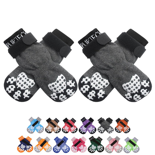 PUPTECK Anti-Slip Dog Socks with Double Sides Grips for Small Medium Large Dogs Hardwood Floors Prevents Licking, Dog Shoes for Hot Pavement Traction Control Paw Protector for Senior Dogs, Grey S