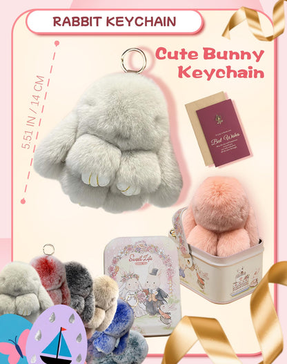 Bunny Keychain with Tin – Handmade Soft Plush Bunny Charm for Keys, Bags & Backpacks, Fluffy Bunny Keychain Plush Gift (Tin Box, Purple)