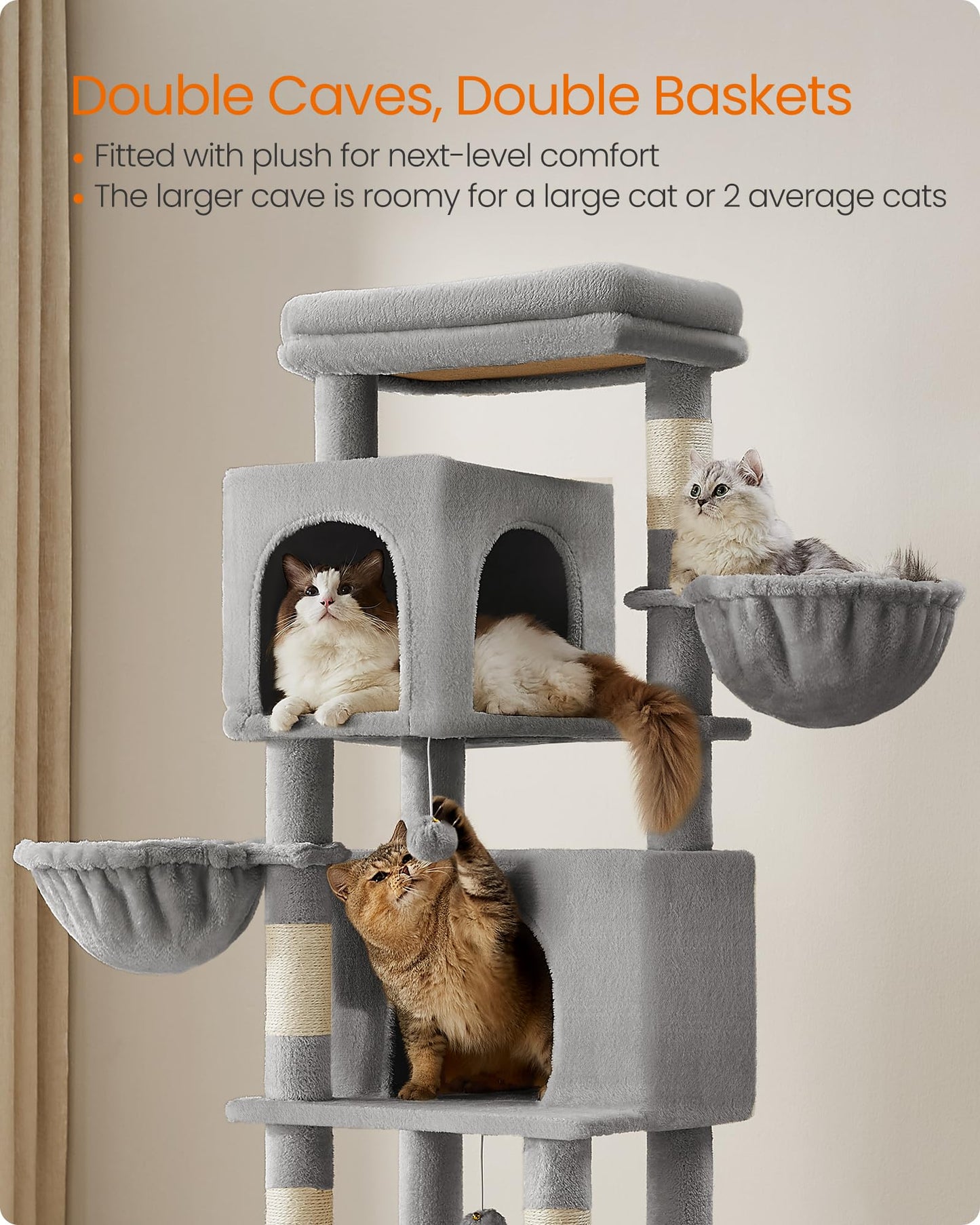 Feandrea Cat Tree, 69-Inch Tall Cat Tower, Multi-Level Plush Condo with 2 Caves, 2 Baskets, 5 Scratching Posts, Self-Groomer, Perch, Hammock, Dove Gray UPCT182G01