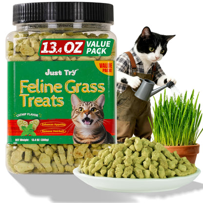 Just Try 13.4 OZ Cat Treats for Indoor Cats Hairball Control Natural Salmon Healthy Cat Grass Treats Kitten Snacks Training Biscuits Catnip for Cats Dental Care
