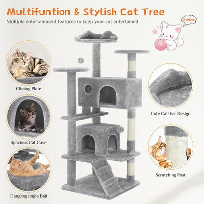 Sweetcrispy 54 Inch Cat Tree Tower, Multi-Level Tower with Cat Scratching Post, Indoor Cat Condo with Climbing Ladder, Plush Toy, Play House for Cat, Light Grey