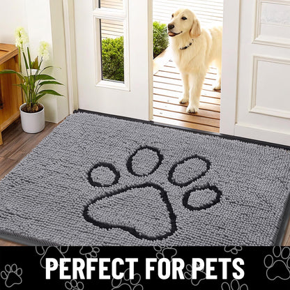 Smiry Dog Door Mat for Muddy Paws, Absorbent Dirt Trapper Non Slip Quick Dry Washable Chenille Mat for Mud Dogs, Entry Rug for Indoor and Outdoor (30x20 Inches, Grey and Black)