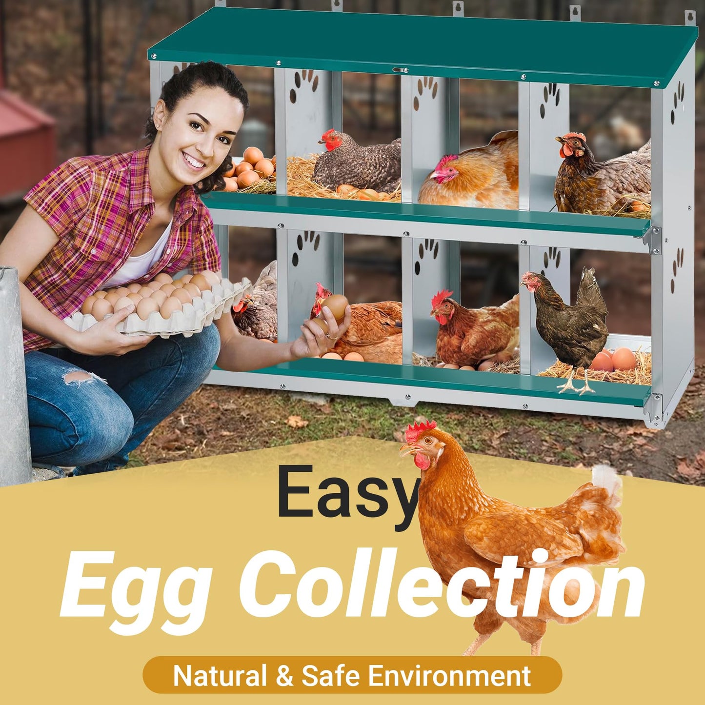 Toriexon Chicken Nesting Box, 8 Compartment Metal Nesting Box, Wall Mountable Nesting Boxes for Chicken, 42.5" L x 13.0" W x 25.0" H, Green