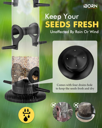 iBorn Metal Bird Feeder Hanging Wild Bird Seed Feeder for Mix Seed Blends Heavy Duty All Metal Black Finish,15 Inch 6 Port,Pack of 2