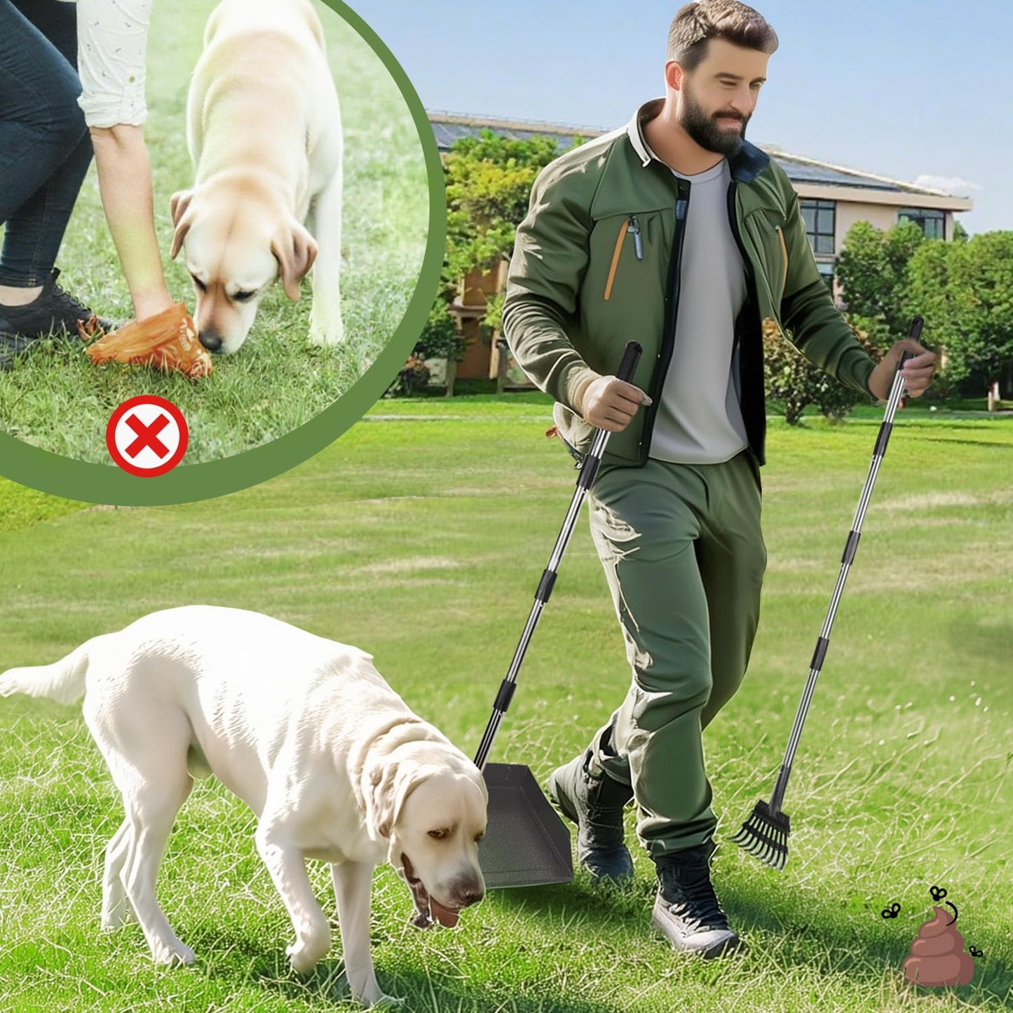 T2Y Pooper Scooper, 48'' Long Handle Dog Pooper Scooper, Adjustable Stainless Steel Rake & Extra Large Tray, Antirust & Durable Poop Scoopers for Yard, Lawn, Snowfield, Suitable for Multi-Dog Family