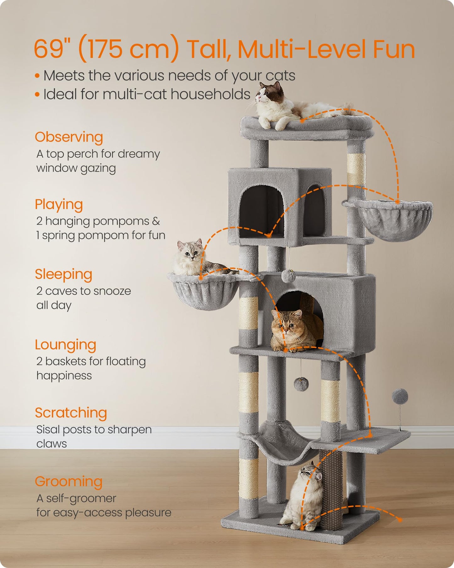 Feandrea Cat Tree, 69-Inch Tall Cat Tower, Multi-Level Plush Condo with 2 Caves, 2 Baskets, 5 Scratching Posts, Self-Groomer, Perch, Hammock, Dove Gray UPCT182G01
