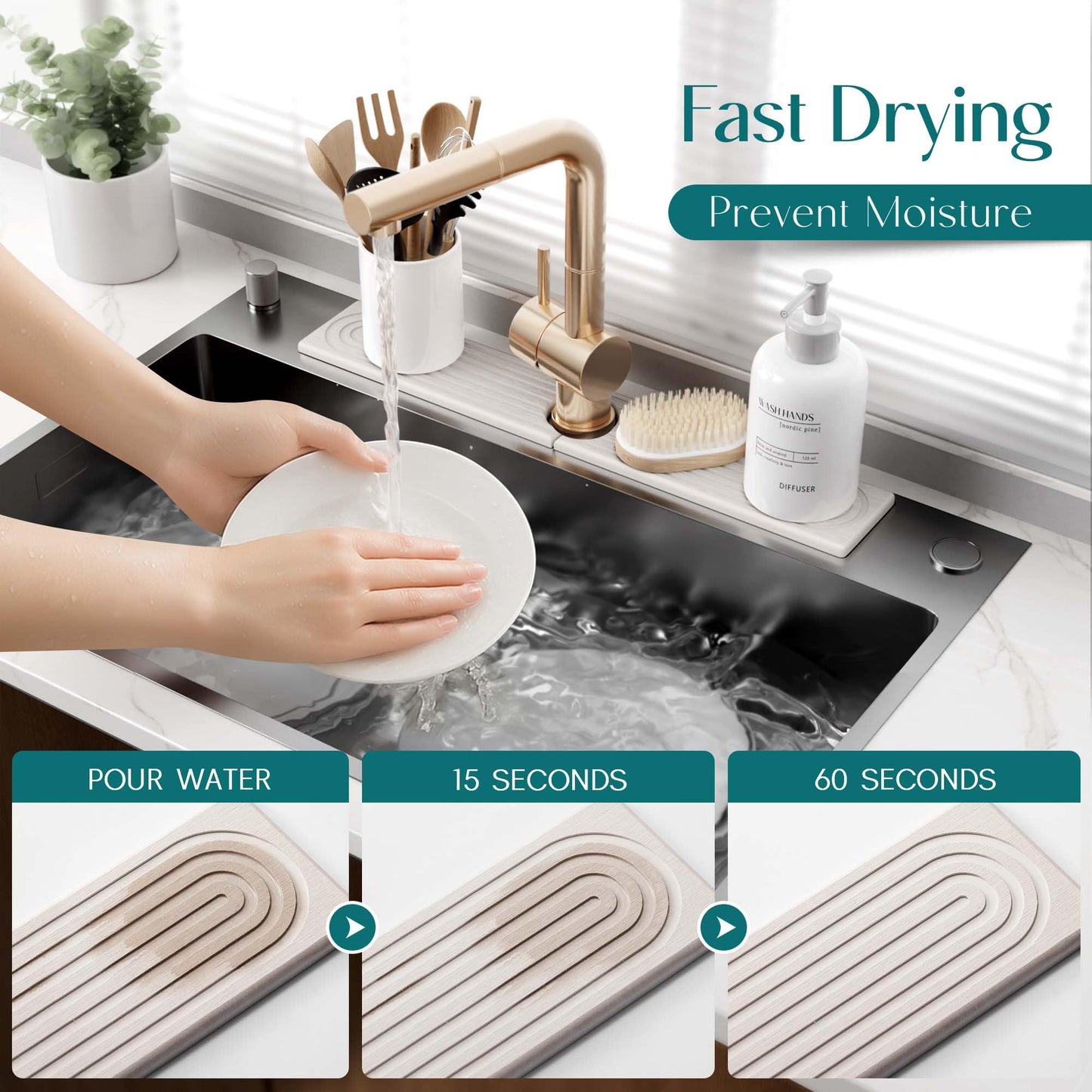 Eormoe Faucet Mat for Kitchen Sink – Diatomite Stone Drying Mat & Sink Protector, Prevent Moisture – Sink Splash Guard Water-Absorbing Stone Tray for Bathroom Counter (Light Grey,23.6" x 3.9")