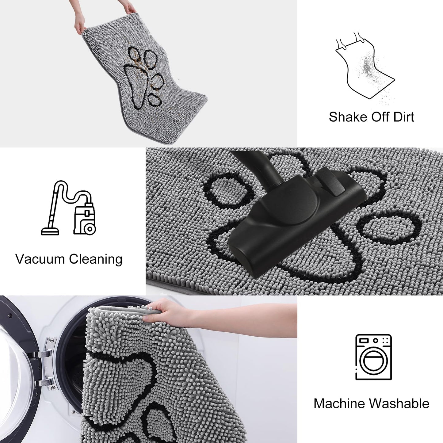 Smiry Dog Door Mat for Muddy Paws, Absorbent Dirt Trapper Non Slip Quick Dry Washable Chenille Mat for Mud Dogs, Entry Rug for Indoor and Outdoor (30x20 Inches, Grey and Black)