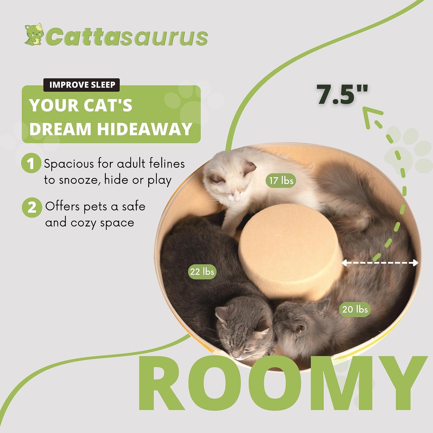 Cattasaurus Peekaboo Cat Cave Donut for Multiple & Large Cats up to 30-45 lbs, 3-in-1 Self Warming Cat Bed, Tunnel & Scratcher for Indoor Cats, Washable & Detachable Dog Bed (Pastel Macaron, Large)