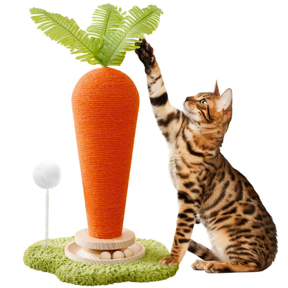 Cute Cat Scratching Post, Carrot Cat Scratcher Post with Durable Natural Wooden Turntable Toy and Catnip, 24'‘ H Carrot Shape Design Sisal Cat Tree Sisal Scratcher for Indoor Cats (Cloud Base)