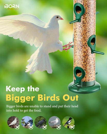 iBorn Metal Bird Feeders 6 Ports Hanging Wild Bird Seed Feeder for Mix Seed Blends, Seed Feeder, Sunflower Heart, Birdbath, Heavy Duty All Metal Green Finishing 15 Inch 6Port, Pack of 2,Gift Box
