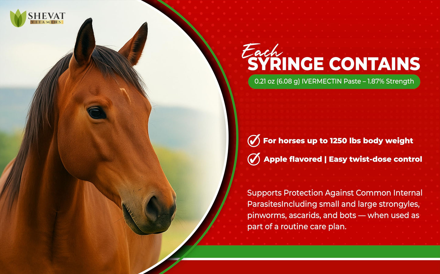Ivermectin Horse Paste 1.87% – Apple Flavored – 6.08g Tube – for Horses Up to 1250 lb