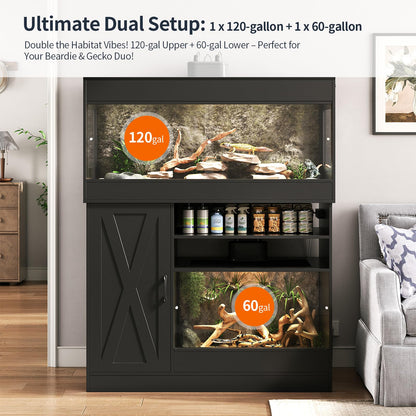Terroute Dual Reptile Enclosure with Stand for Multiple Pets,120 Gallon Reptile Tank & 60 Gallon Reptile Terrarium with Cabinet,Sliding Doors,Power Outlet for Snakes,Lizards,Geckos Black CAGE004B
