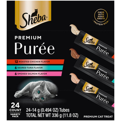 Sheba Premium Puree Cat Treats Lickable Roasted Chicken Flavor, Smoked Salmon Flavor, and Seared Tuna Flavor, 0.49 oz. Tubes, 24 Count