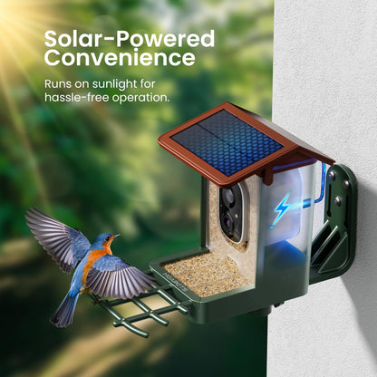 Smart Bird Feeder with Camera Solar Powered 2K HD Video, 10,000+ Species AI Recognition, Real-Time App Alerts, and Weatherproof Design for Effortless Birdwatching, Gift for Bird Lovers, Green Brown