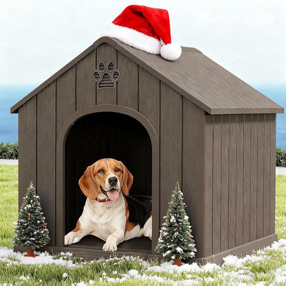 Fancyango Large Dog House Outdoor Indoor for Medium Large Dogs, Sturdy Plastic Waterproof Doghouse with Air Vents and Elevated Floor, Easy Clean and Assemble (Light Grey, 36.2''L×38''W×38''H)